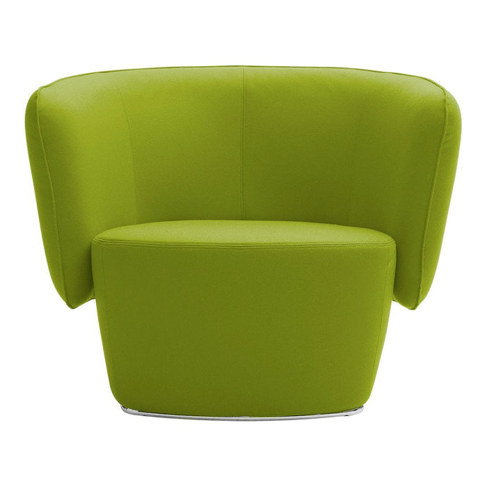Bright green, modern accent chair with a smooth, seamless design and rounded edges. Perfect for contemporary decor.