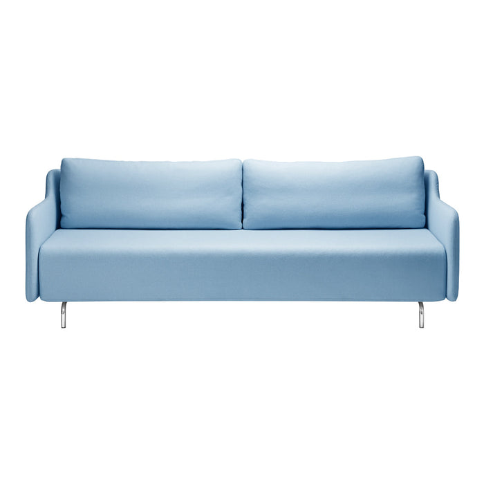 Light blue modern sofa with a sleek design and smooth fabric upholstery. Ideal for contemporary living spaces.