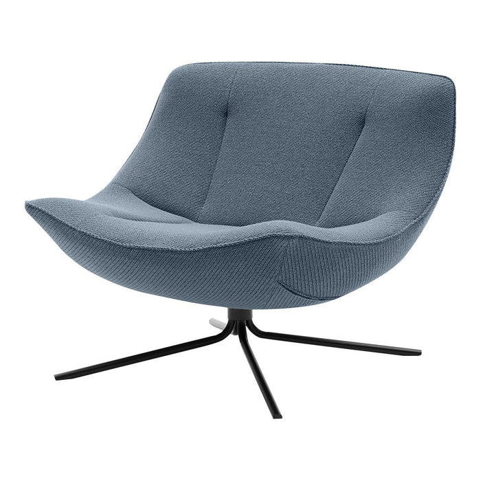 Modern light blue accent chair with a curved design and textured upholstery, featuring a sleek black metal base.