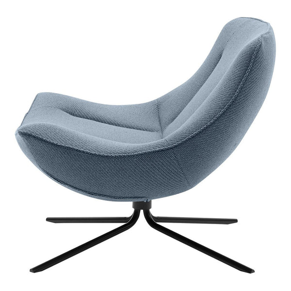 Light blue modern chair with a sleek design and a textured fabric, supported by a black metal base.