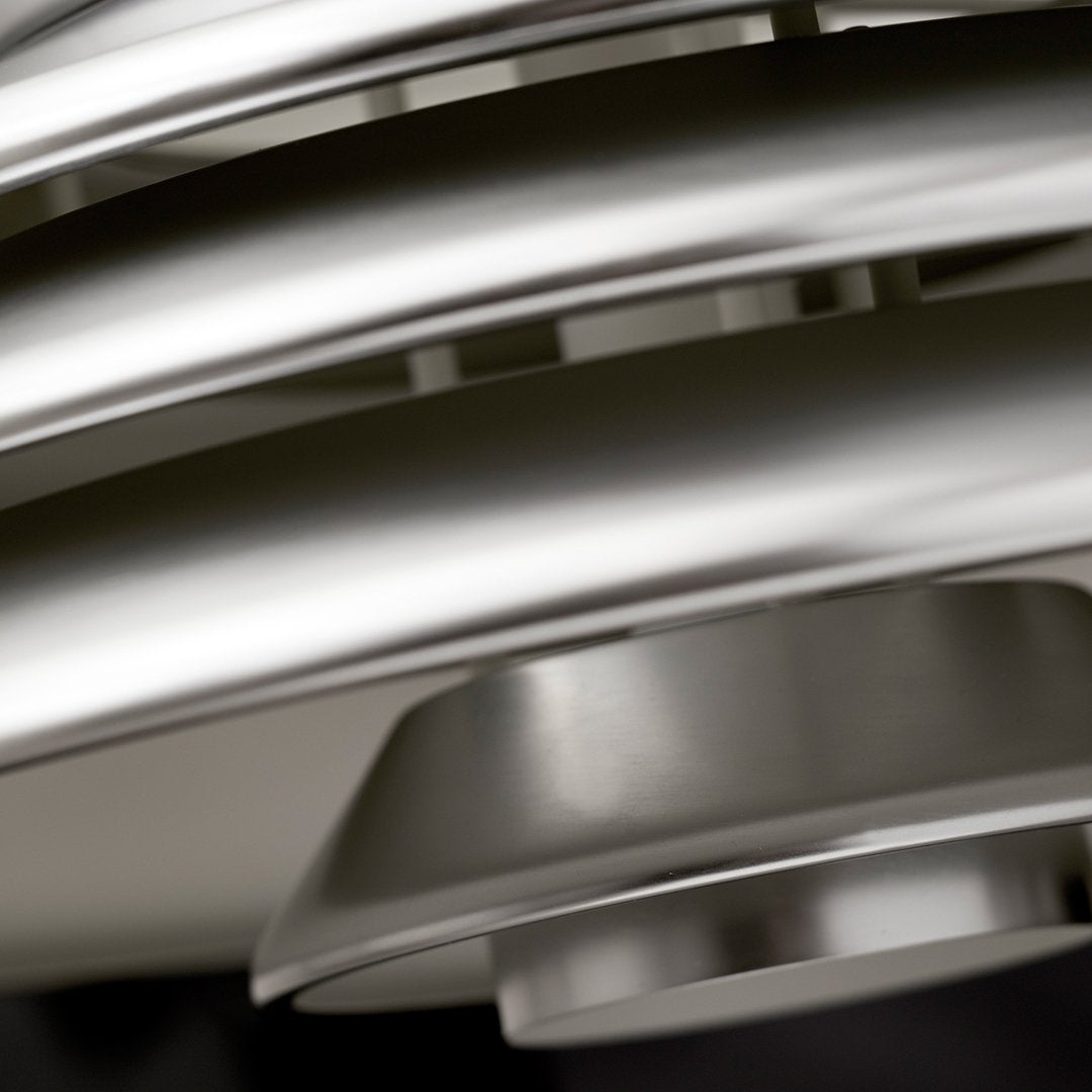 Stylish metallic silver fan blades with sleek, modern design and smooth, polished finish.