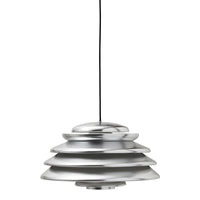 Sleek metallic silver pendant light with layered, concentric disc design and black cord. Modern decor accent.