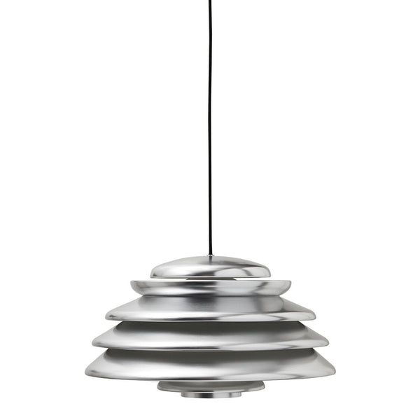Sleek metallic silver pendant light with layered, concentric disc design and black cord. Modern decor accent.