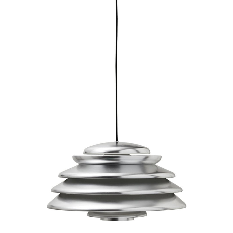 Sleek metallic silver pendant light with layered, concentric disc design and black cord. Modern decor accent.