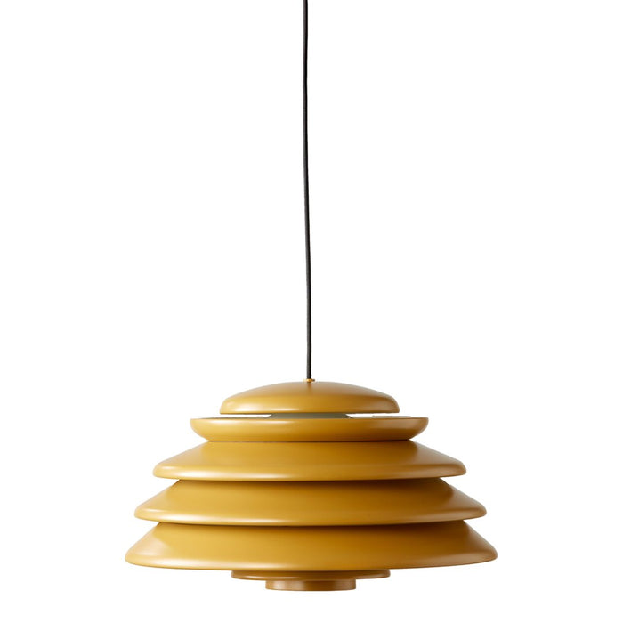 Modern pendant lamp in warm mustard yellow with layered, circular design. Perfect for stylish home decor.