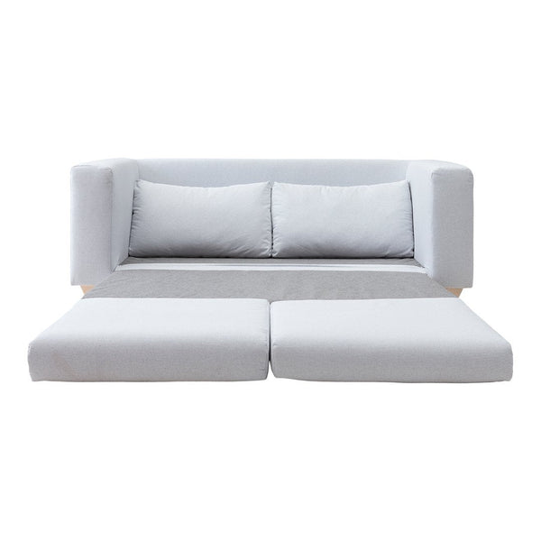 Gray modular sofa with smooth fabric and minimalist design, featuring three plush cushions and convertible seating.