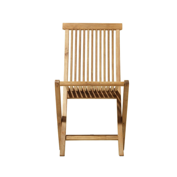 Natural wood slatted chair in warm beige tones with a minimalist design, perfect for outdoor or indoor use.