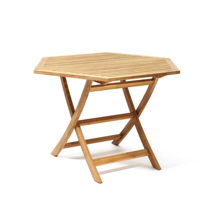 Light brown wooden hexagonal folding table with a slatted top design. Perfect for outdoor or indoor use.