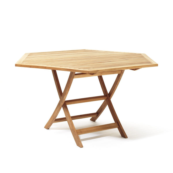 Hexagon-shaped wooden table in natural wood finish with a smooth texture and clean lines. Perfect for outdoor settings.