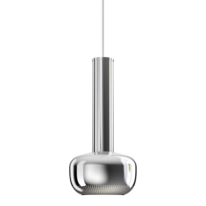 Sleek chrome pendant light with a smooth, rounded body and a vertical, cylindrical top. Perfect modern design accent.
