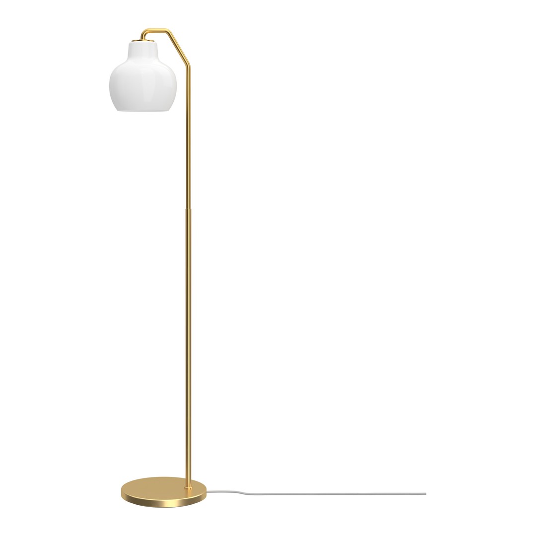 Gold floor lamp with a white shade on a white background