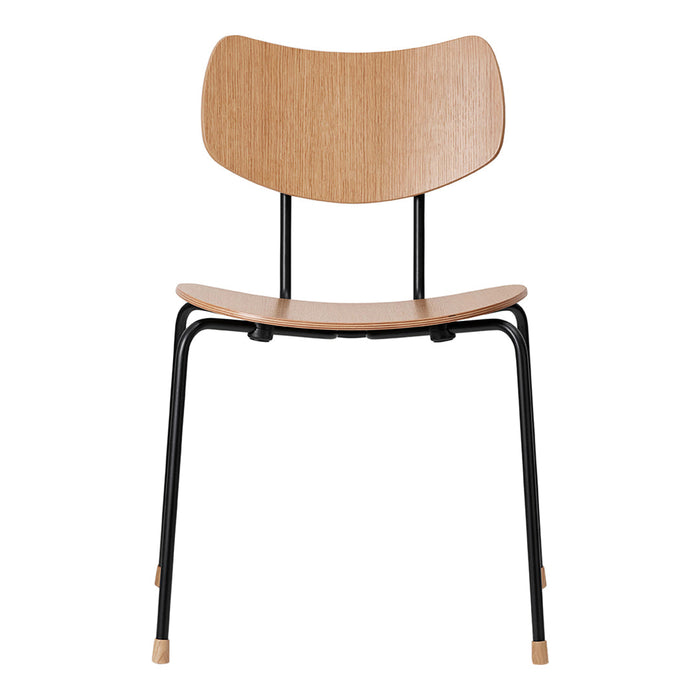 Wooden chair with a light oak finish, curved backrest, and black metal legs for a modern, minimalist look.