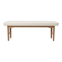 Light beige upholstered bench with a smooth surface and natural wood legs, featuring a simple modern design.