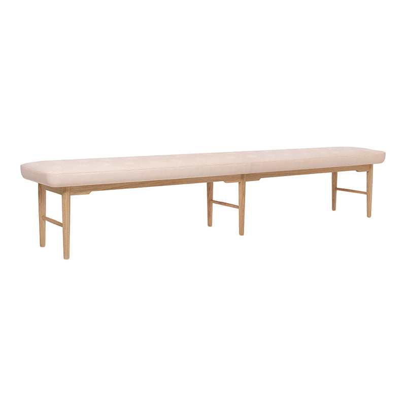 Light beige upholstered bench with a smooth surface and natural wooden legs, offering a minimalist design.