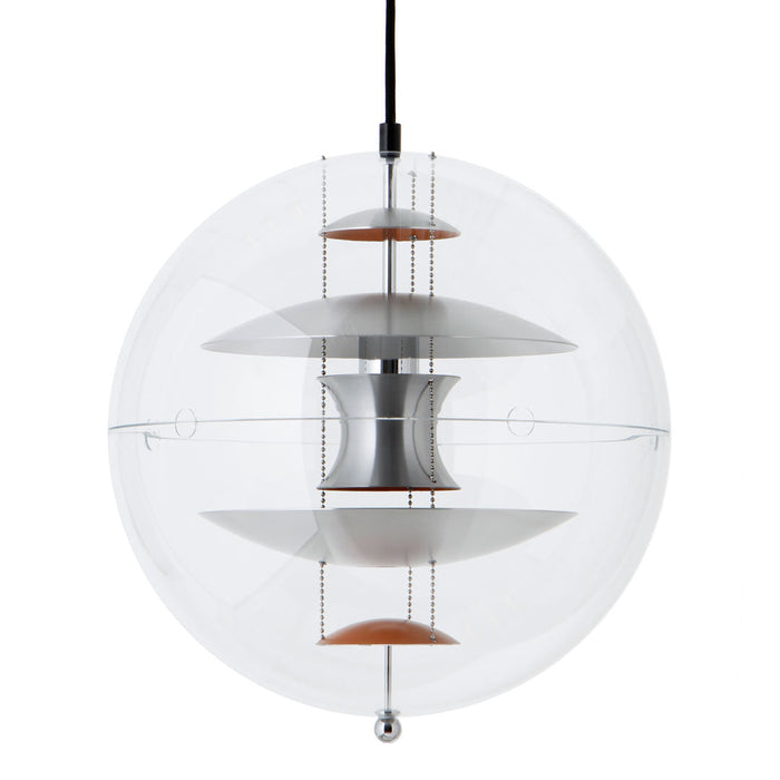 Transparent globe pendant light featuring white and metallic silver elements with warm wood accents. Modern design.