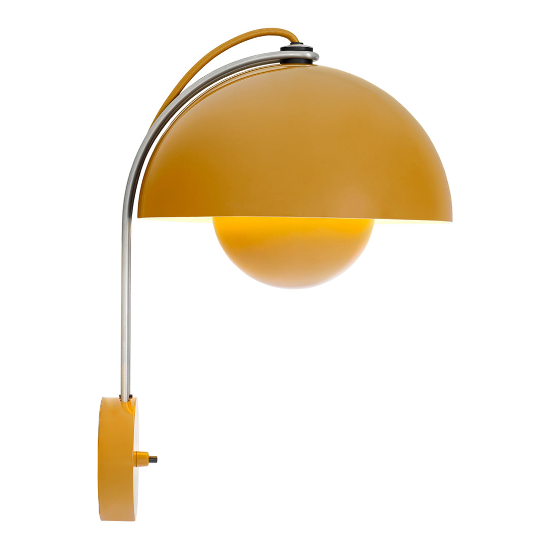 Modern yellow dome wall lamp with chrome accents and a minimalist design. Perfect for stylish, contemporary decor.