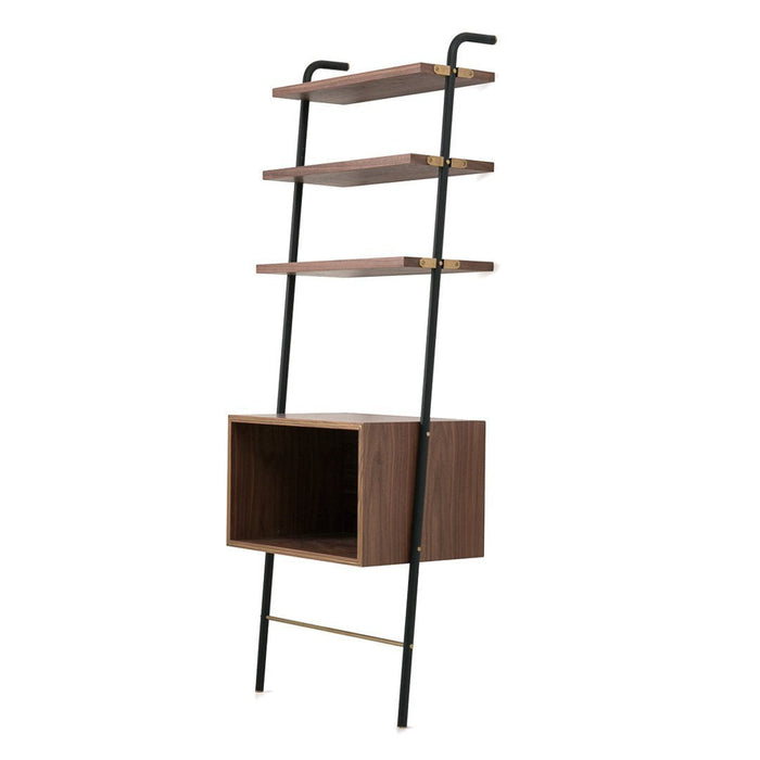 Modern ladder shelf with walnut wood shelves, black metal frame, and gold accents. Sleek and stylish for any decor.