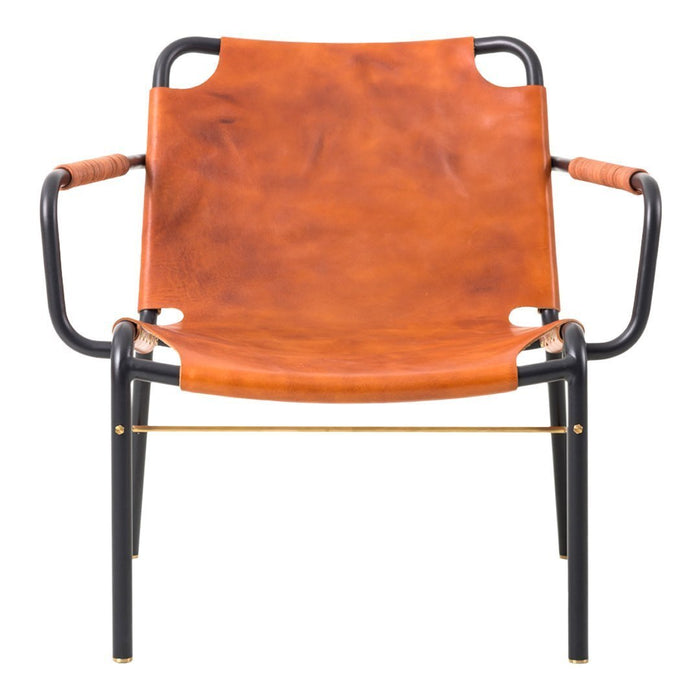 Rust-colored leather chair with sleek black metal frame and minimalist design. Ideal for modern decor.