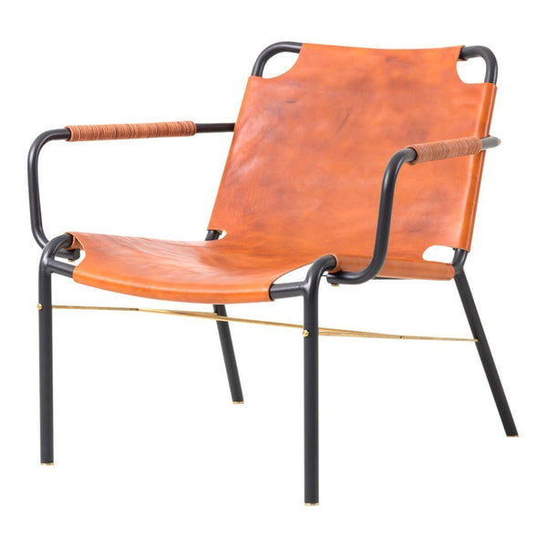 Stylish chair featuring a warm orange leather seat and sleek black metal frame with subtle golden accents.