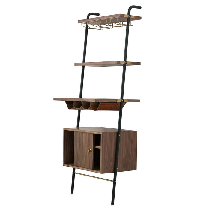 Stylish black metal frame with walnut-colored shelves and a sleek geometric design. Perfect for modern decor.