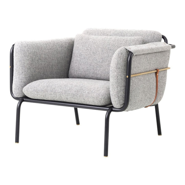 Modern gray upholstered chair with smooth fabric, featuring black metal frame and stylish leather accents.