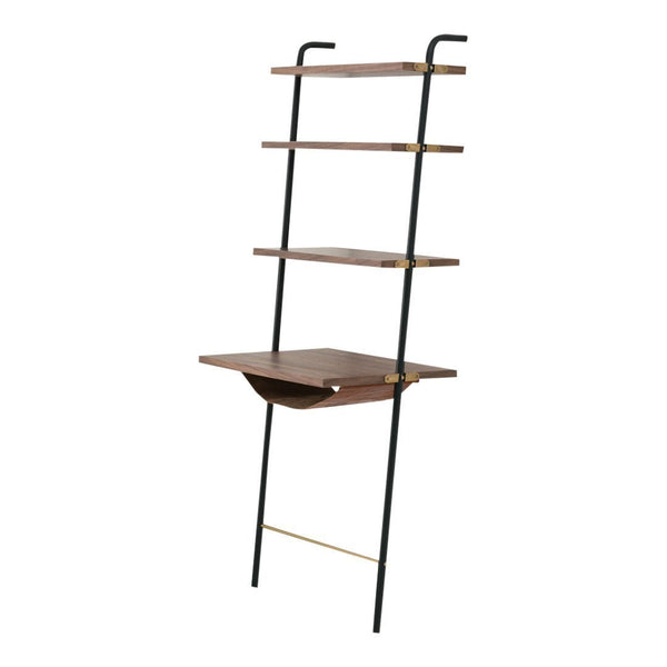 "Modern black metal bookshelf with warm brown wood shelves and minimalist design."