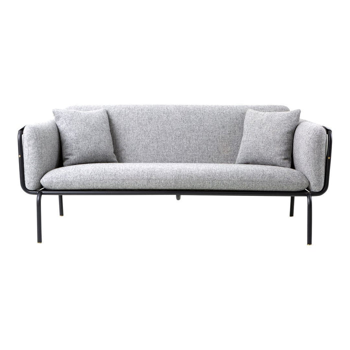 Gray fabric sofa with black metal frame and two matching cushions, featuring a minimalist design.
