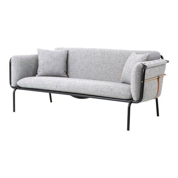 Gray upholstered sofa with sleek black metal frame and textured fabric cushions, featuring minimalist design elements.