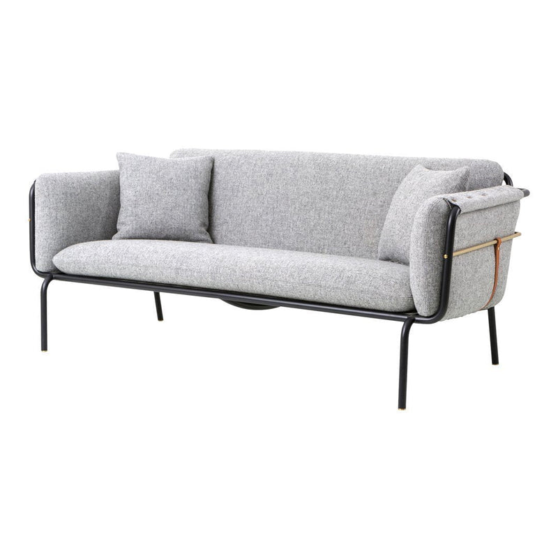 Gray upholstered sofa with sleek black metal frame and textured fabric cushions, featuring minimalist design elements.