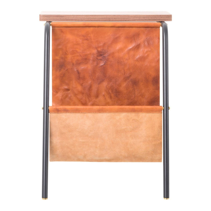 Rust-colored leather with tan accents and sleek black metal legs. Contemporary design, warm earthy tones.
