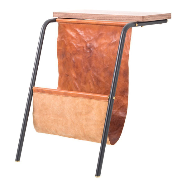 Rustic wooden tabletop with brown leather and tan accent, featuring sleek black metal frame and minimalist design.
