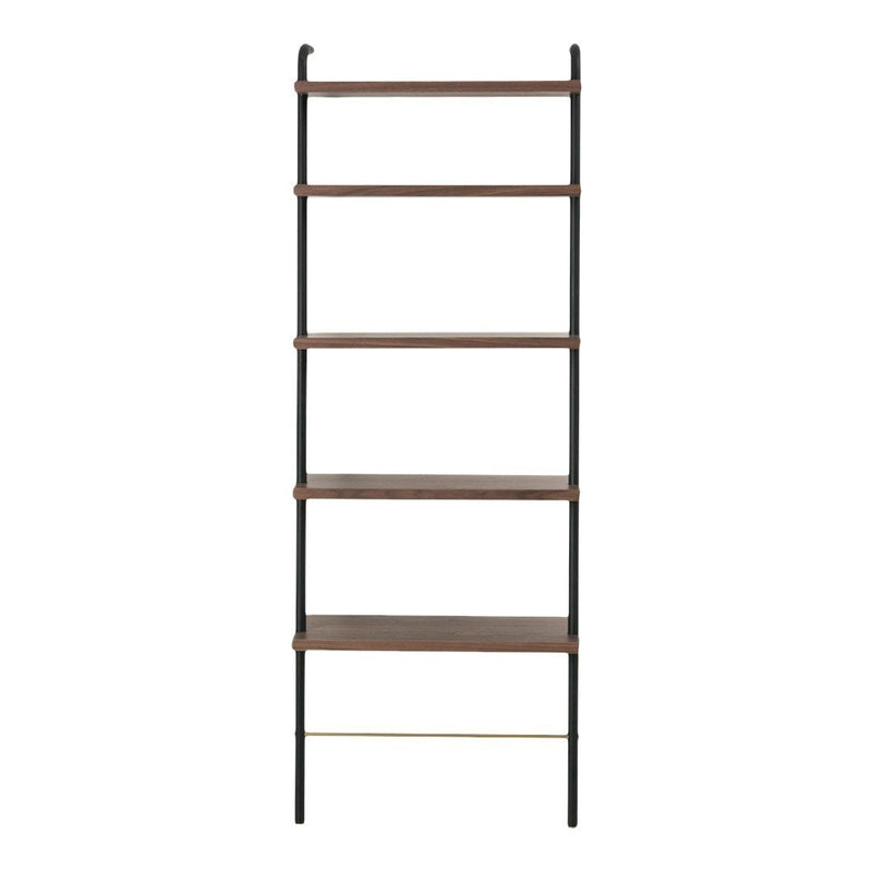 Tall, sleek bookshelf with dark wood shelves and a black metal frame, accentuated by subtle gold detailing.