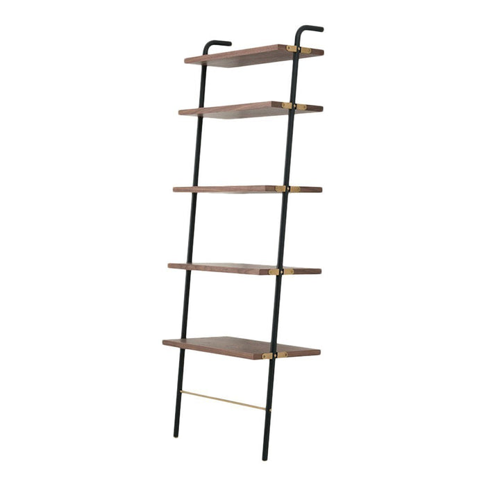 Black metal ladder shelf with natural wood shelves and subtle golden accents. Modern design with clean lines.