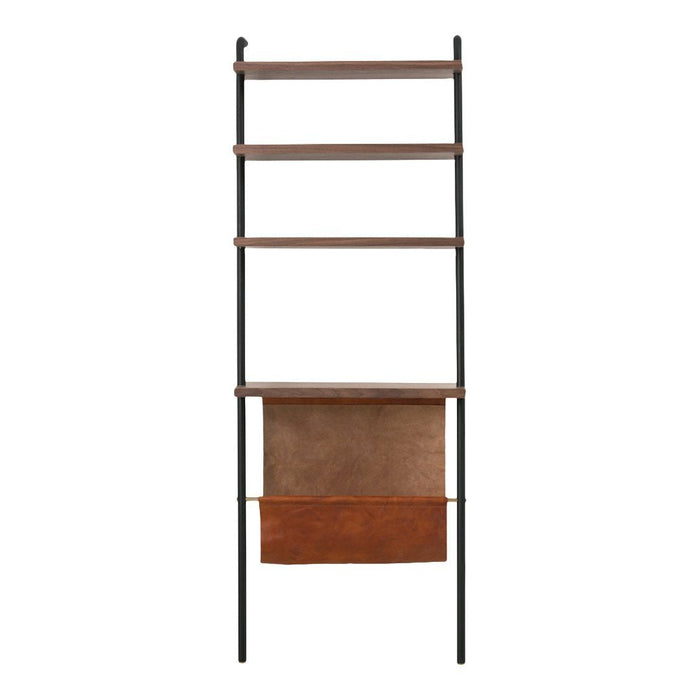 Rustic brown wooden shelves with sleek black metal frame and a rich brown leather storage pouch at the bottom.
