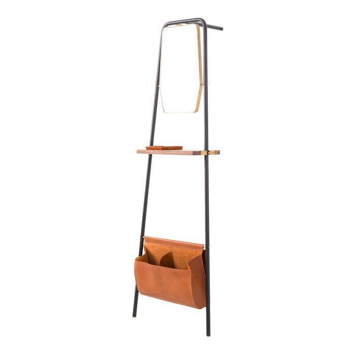 Modern freestanding rack in black metal, natural wood, and warm brown leather accents. Stylish and functional design.