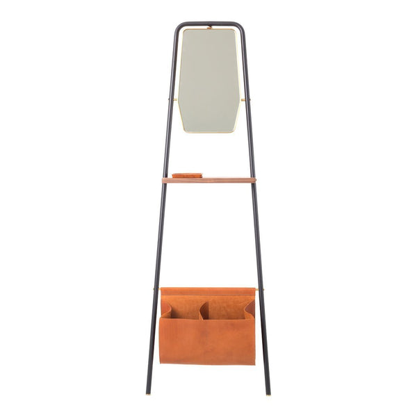 Modern black and tan mirror stand with a smooth finish and leather-like storage pockets. Ideal for stylish organization.