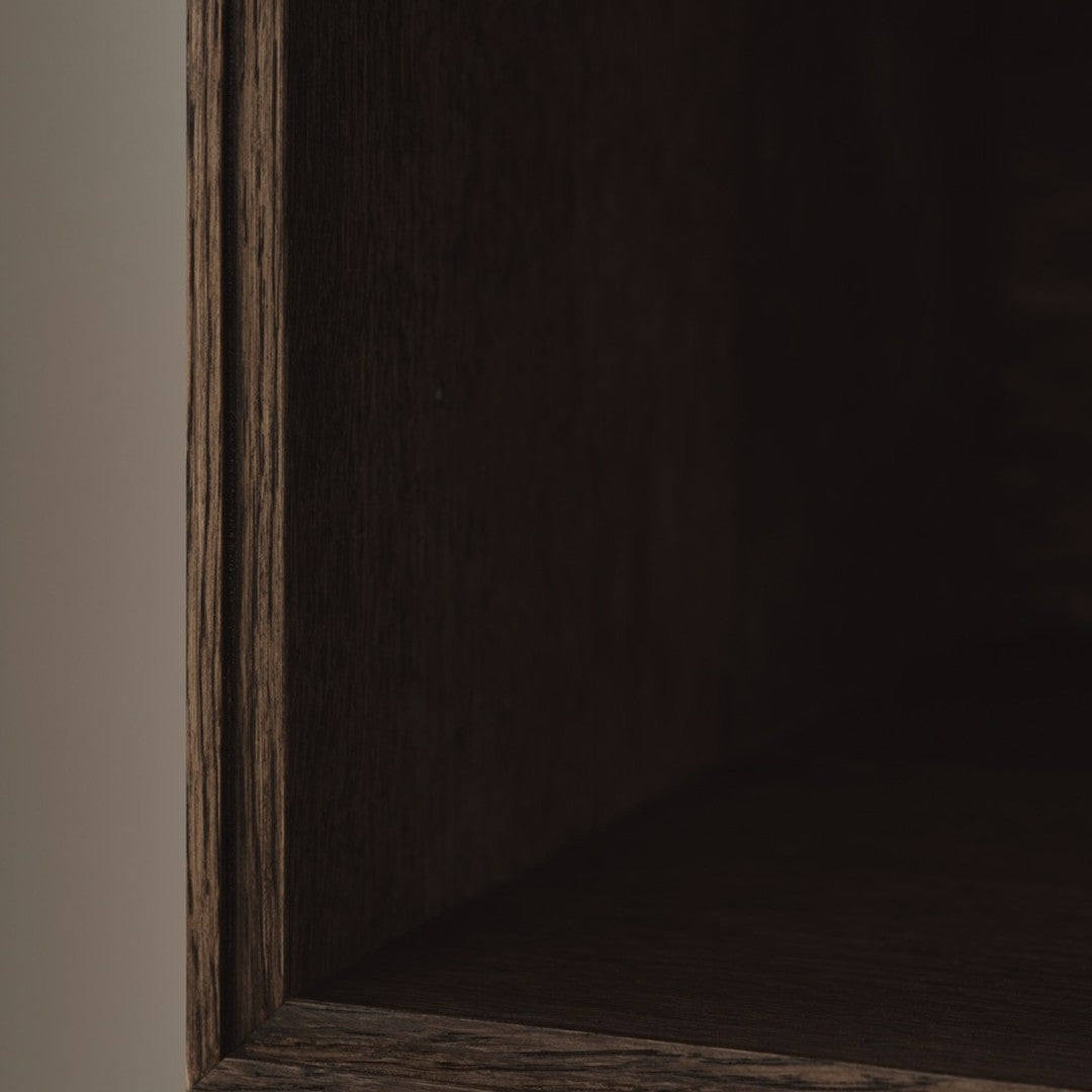 Dark wood grain interior with subtle pattern; rich brown tones and clean, minimalist edges. Perfect for modern decor.