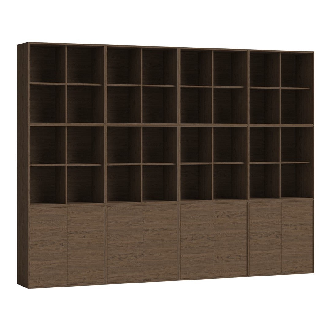 Brown wooden bookshelf with structured grid pattern and smooth cabinet doors. Ideal for modern storage solutions.