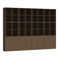 Brown wooden bookshelf with structured grid pattern and smooth cabinet doors. Ideal for modern storage solutions.