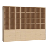 Light wood bookshelf with natural grain, featuring a minimalist design and multiple open and closed storage compartments.
