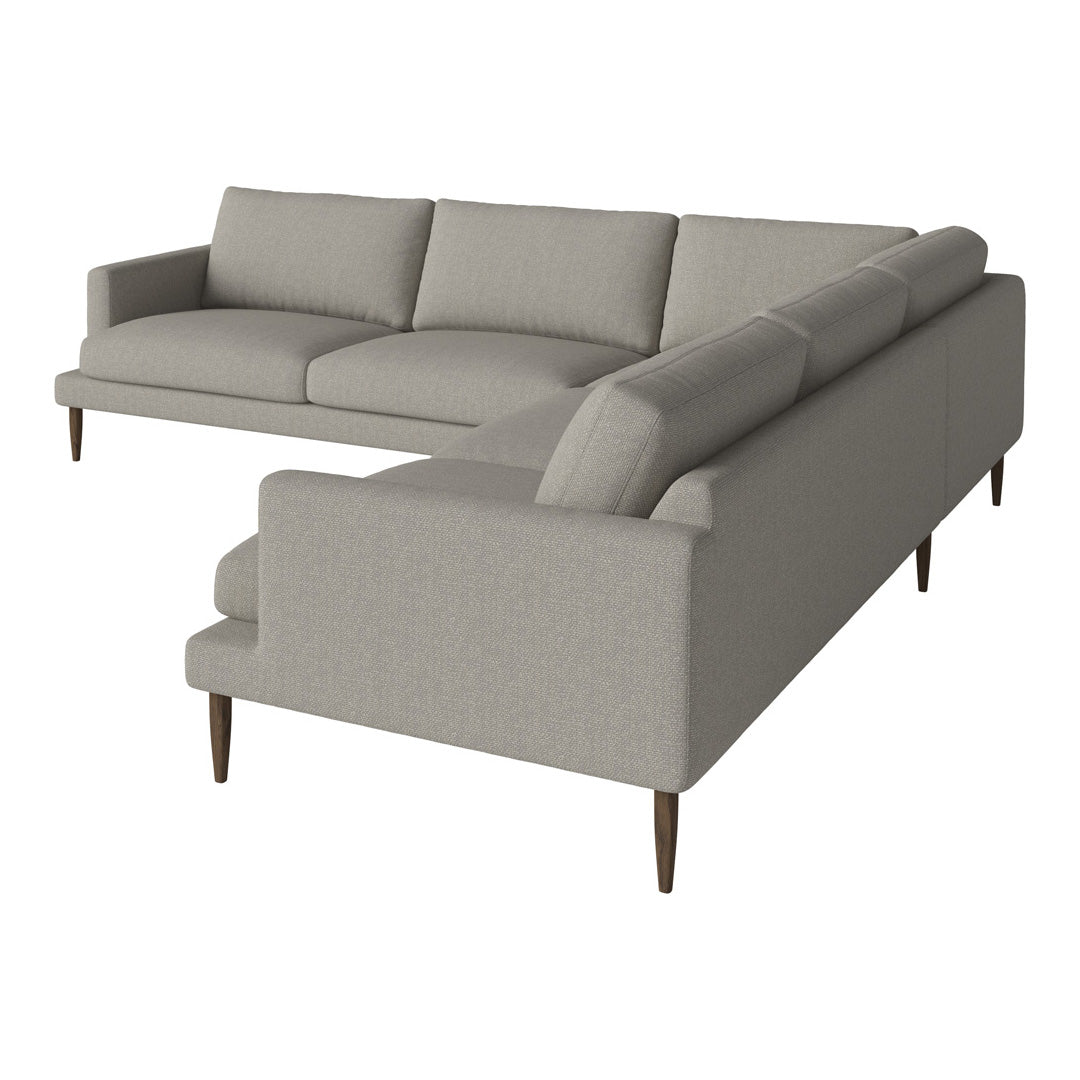 Light gray sectional sofa with a minimalist design and clean lines, featuring solid color upholstery and wooden legs.
