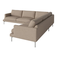 Beige sectional sofa with clean lines and smooth fabric, featuring a minimalist design and sturdy metal legs.