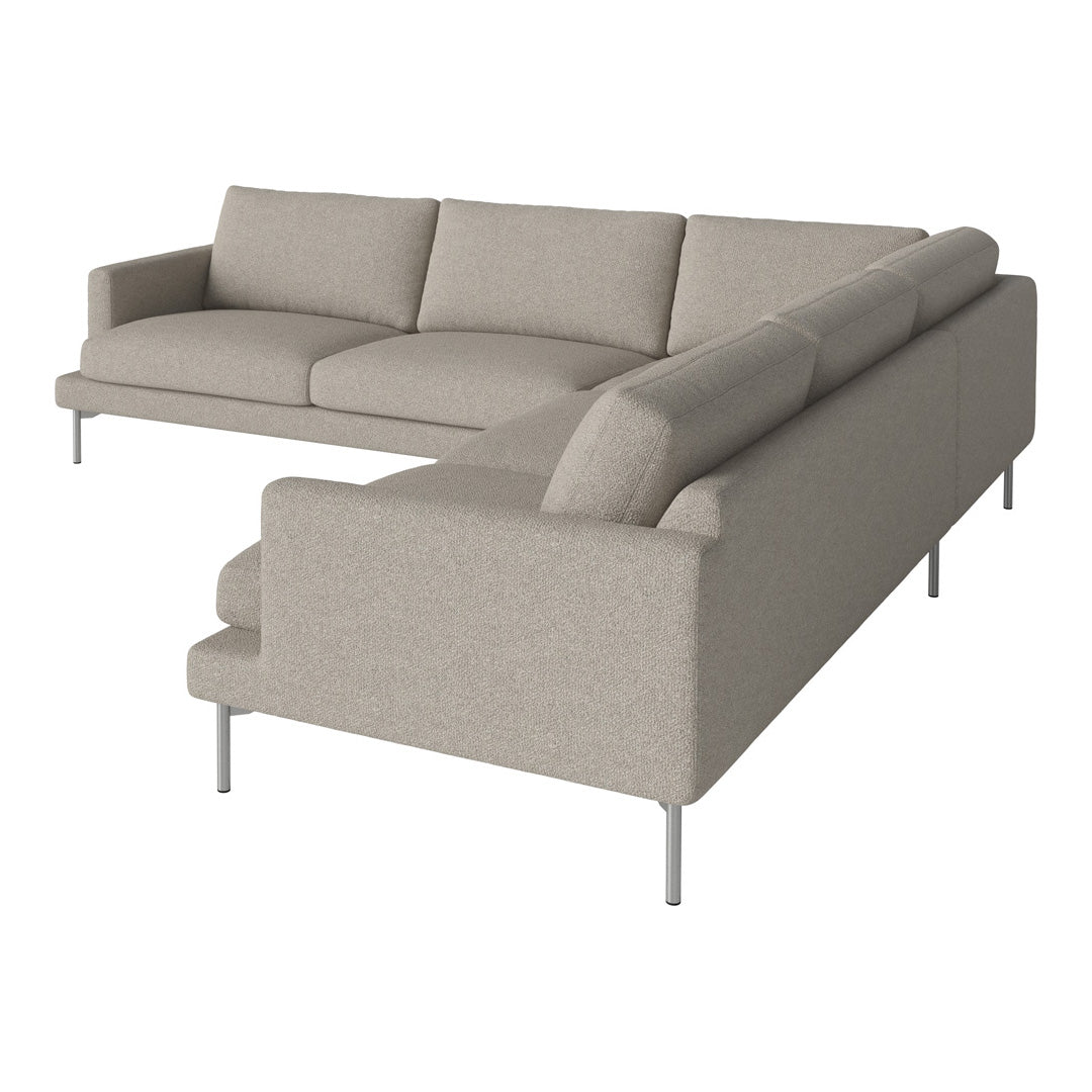 Beige sectional sofa with a textured fabric finish and clean lines, featuring sleek metal legs for a modern touch.