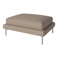 Beige upholstered ottoman with a smooth texture and minimalistic silver legs. Ideal for modern home décor.