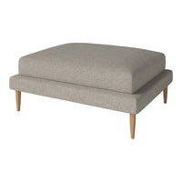 Light gray upholstered ottoman with a smooth texture and minimalist design, featuring natural wood legs.