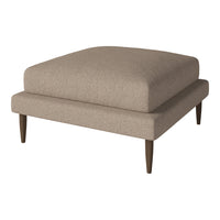 Beige upholstered ottoman with a smooth texture and dark wooden legs, perfect for any modern living space.