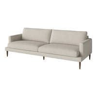 Light beige modern sofa with smooth fabric and minimalist design, featuring plush cushions and tapered wooden legs.