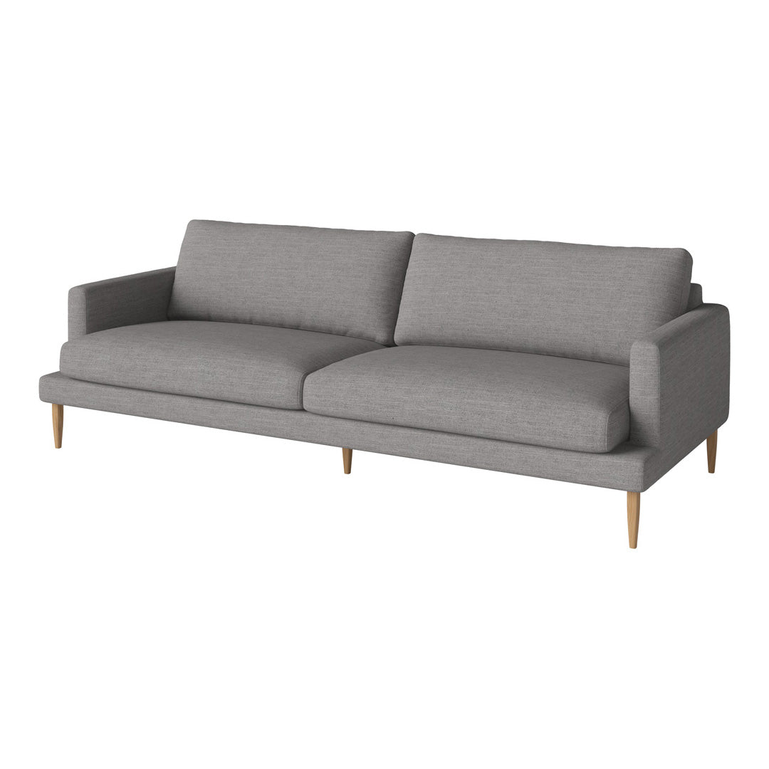 Gray upholstered sofa with a clean, modern design and wooden legs. Soft, minimalist aesthetic for contemporary interiors.