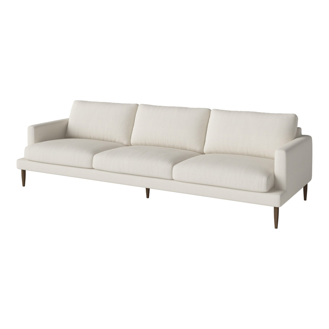 Elegant cream-colored sofa with plush, solid cushions and tapered wooden legs for a modern look.