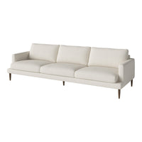 Elegant cream-colored sofa with plush, solid cushions and tapered wooden legs for a modern look.